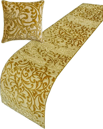 The HomeCentric King/Queen/Twin Beige Gold Decorative Bed Runner Full 68"x18" Bed Runner with One Pillow Cover, Cut Velvet, Beaded Bed Scarf on Velvet Fabric - Serene Symphony