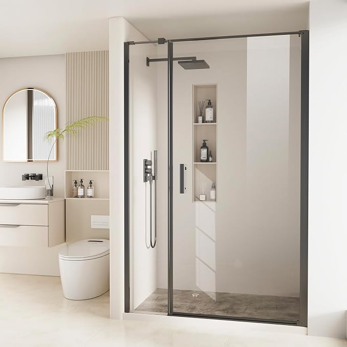 Bathbliss Framed Pivot Shower Door, Glass Shower Door in Matte Black, 58.5" to by Unknown