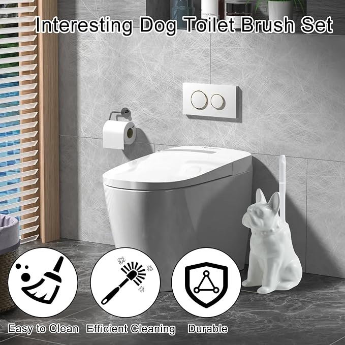 Comeon Ceramic Dog White/Black Toilet Brush and Holder Set, Plastic Handled - Image 3