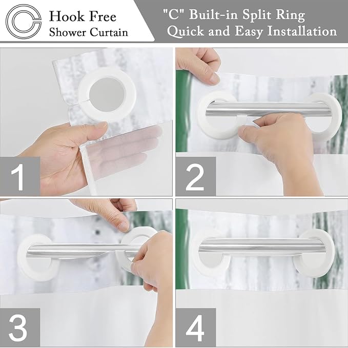 No Hook Shower Curtain with Snap in Liner, Hotel Style Dark Green White Gold - Image 5