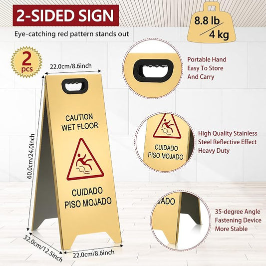 2 Pcs 24 Inch Stainless Steel Wet Floor Sign, Heavy Duty Caution Wet Floor Sign - Image 2