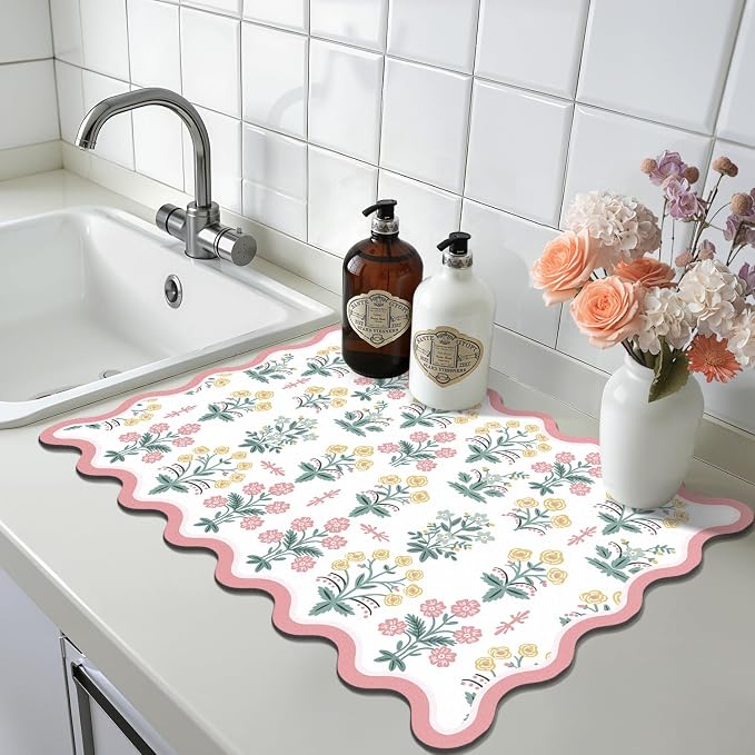 LOKHOM Scalloped Floral Dish Drying Mat, Cuttable Hide Stain Non-slip Drying Mat - Image 9