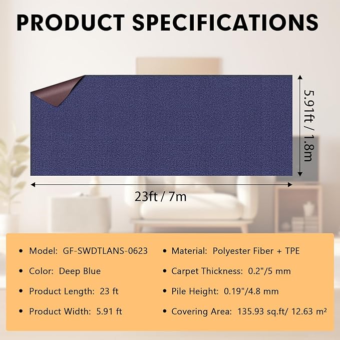 Marine Carpet,6 FT x 23 FT Deep Blue Indoor Outdoor Carpet 0.2" Thick Boat Carpet with Water-Proof TPE Backing, Non-Slide Outdoor Marine Carpet Roll for Home, Patio, Porch, Deck