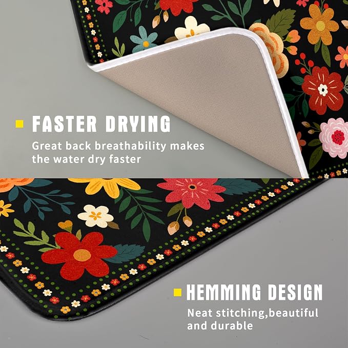 Boho Floral Dish Drying Mat 16x18 Inch Colorful Flower Dishes Dry Mats - Image 3