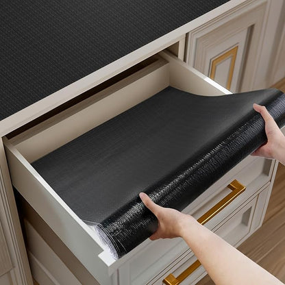 Shelf and Drawer Liner for Kitchen Cabinets Non-Adhesive, Strong Grip Non-Slip Thickened Cabinet Liners for Shelves, Waterproof Mats for Dresser Cupboard, Black, 23 in x 30 Feet