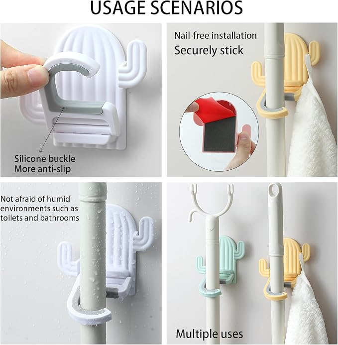 4 Pack Broom and Mop Holder Wall Mount，Cute Cactus Wall Utility Hooks No Drill - Image 3