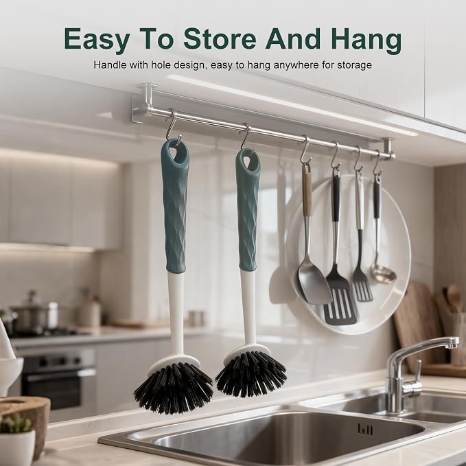 Dish Brush, 2 Pack with Comfortable Handle, with Built-in Scraper, Scrub Brush - Image 7