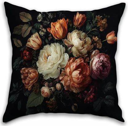 Vintage Floral Throw Pillow Covers, Vintage Flower Pattern Double Sided Cushion Cover, Indoor and Outdoor Home Art Decor Pillowcase for Sofa or Bedroom Decor 18x18inches (Black, 18x18inches)