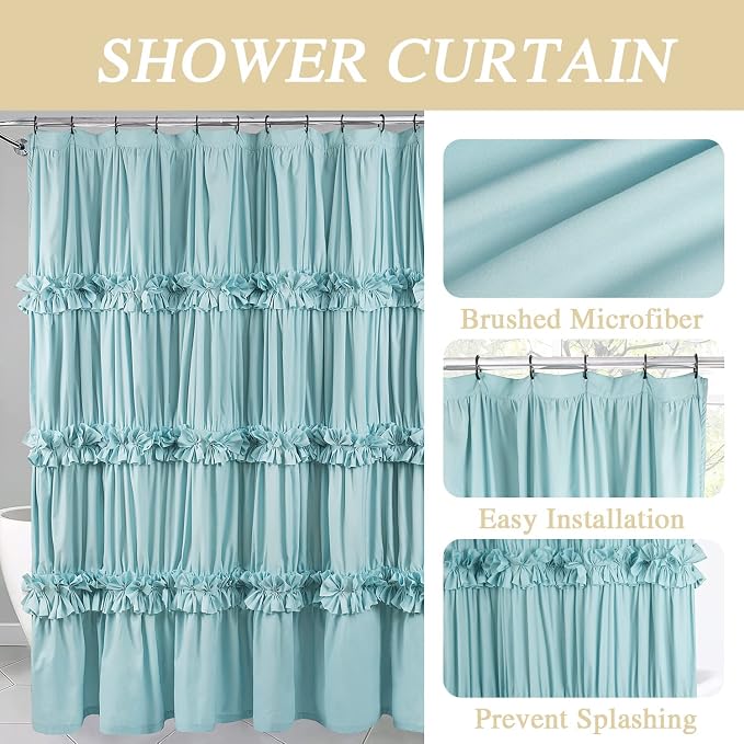 Spa Blue Ruffle Shower Curtain, Vintage Handcrafted Bow Tie Bath Curtain - Image 2