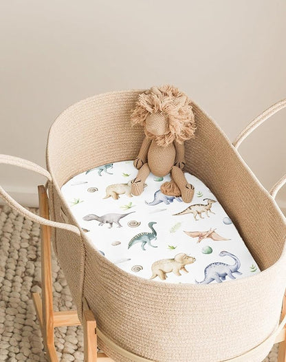 Bassinet Sheets for Baby Girls Boys 2 Pack, Fitted Baby Mattress Sheet for Rectangle, Oval, Hourglass Bassinet Mattress, Breathable Cozy & Universal Fit (Dino Pals)