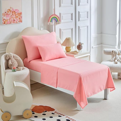 Toddler Bedding Set - 5 Piece Soft and Breathable Toddler Bed Set for Boys and Girls, Includes Quilted Comforter, Fitted Sheet, Flat Top Sheet, Standard Pillowcase and Toddler Pillowcase, Pink
