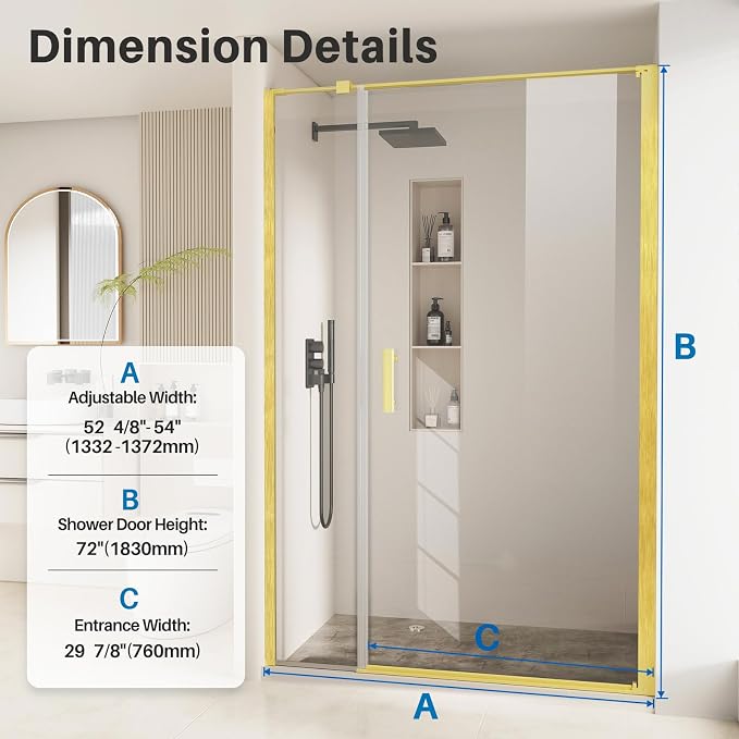 Bathbliss Framed Pivot Shower Door, Glass Shower Door in Brushed Gold, 52.5" to - Image 2