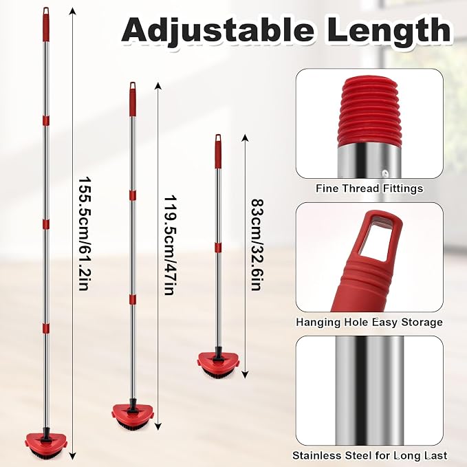 4 Part Stainless Steel Spin Mop Handles, Mop Base & Upgrade Scrub Brush Combo - Image 4