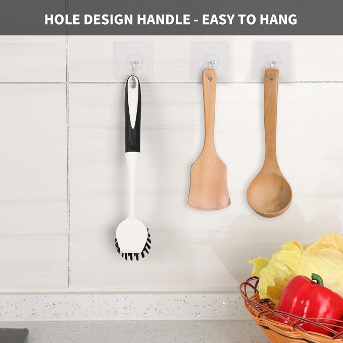 Dish Brush with Handle, 2 Pack Scrub Brushes with Built-in Scraper - Image 6