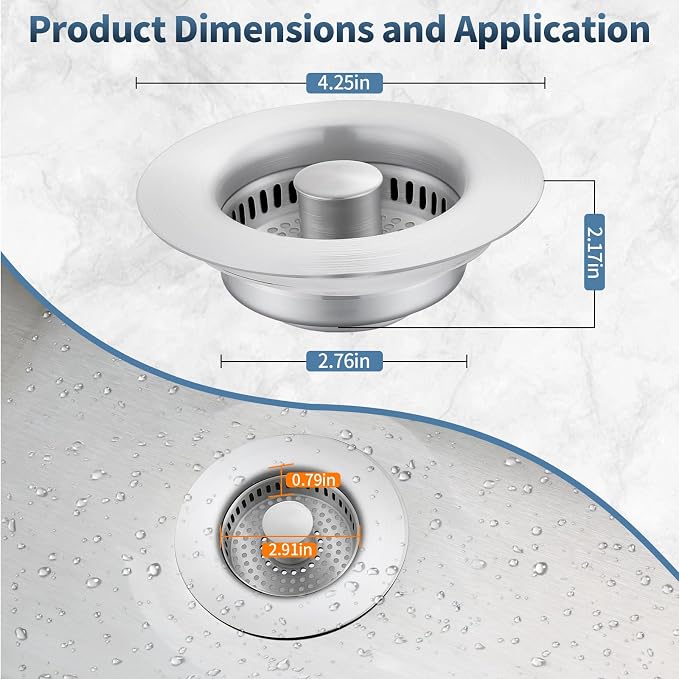 Sink Drain Strainer, Stainless Steel 3-in-1 Pop-up Sink Stopper - Image 2