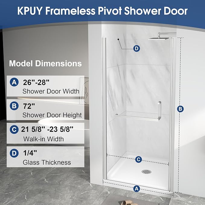 KPUY Pivot Shower Door, 26-28" W x 72" H Frameless Single Swing Glass Shower - Image 4