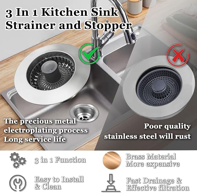 3 in 1 Kitchen Sink Stopper, Pop Up Kitchen Sink Drain Strainer, - Image 4