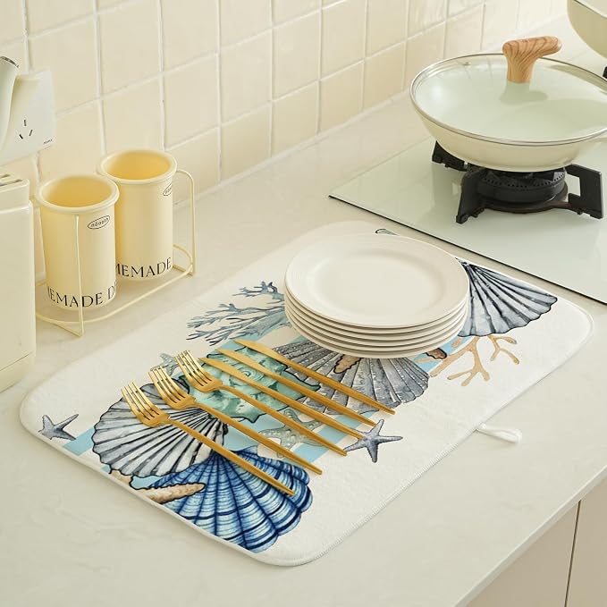 Nautical Coastal Starfish Dish Drying Mats 18x24 Inch Beach Coral Shell Blue - Image 3