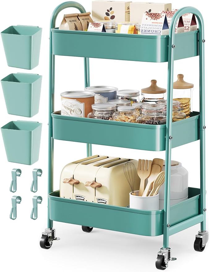 Green 3 Tier Rolling Cart Metal by Unknown