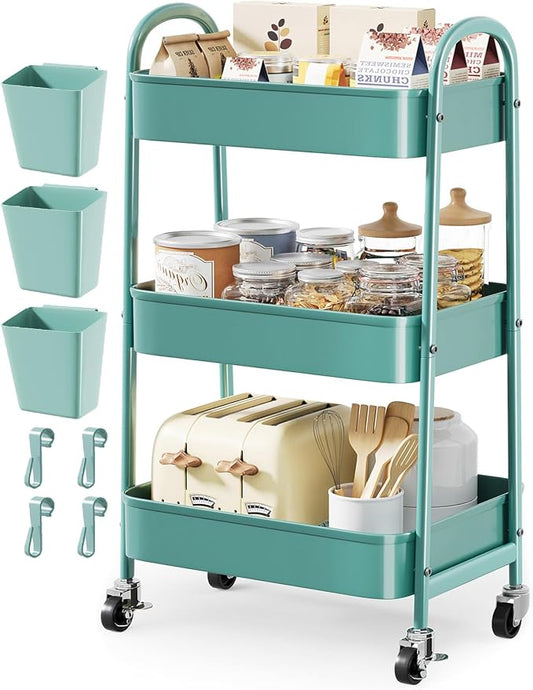 Green 3 Tier Rolling Cart Metal by Unknown