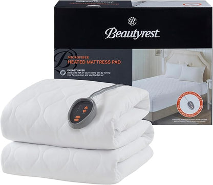 Beautyrest Cotton Blend Heated Mattress Pad Secure Comfort Technology - Luxury Quilted Electric Mattress Pad with Deep Pocket - 5-Setting Heat Controllers, Full, White