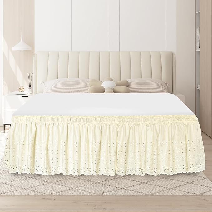 King Bed Skirt, Wrap-Around Elastic Ruffled Eyelet Bed Skirt King Size Dust Ruffle with Gathered Styling and Embroidered Details, 18" Drop Length (Light Yellow)