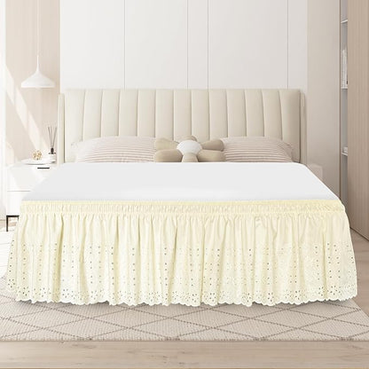King Bed Skirt, Wrap-Around Elastic Ruffled Eyelet Bed Skirt King Size Dust Ruffle with Gathered Styling and Embroidered Details, 18" Drop Length (Light Yellow)