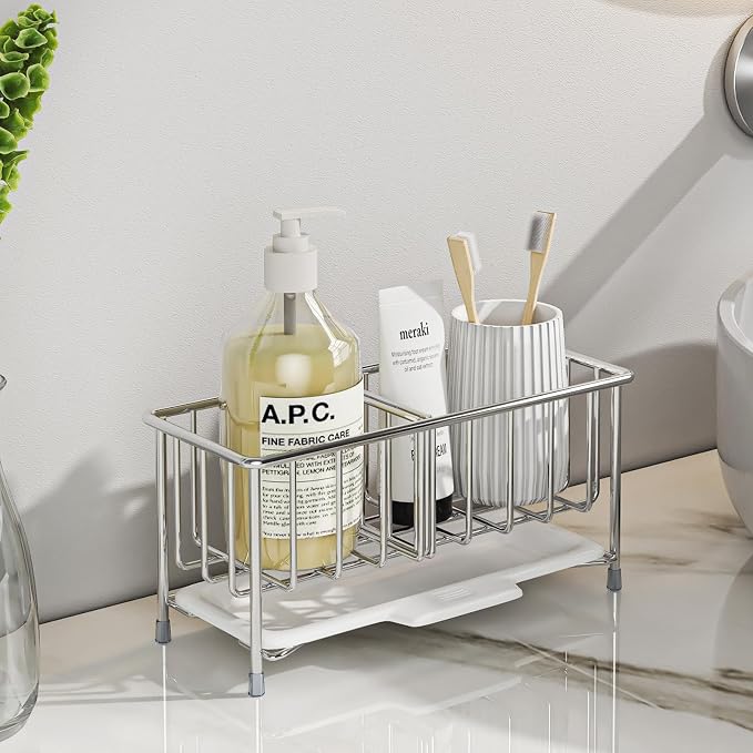 Kitchen Sink Sponge Holder, 304 Stainless Steel Soap Dispenser Caddy Organize - Image 7