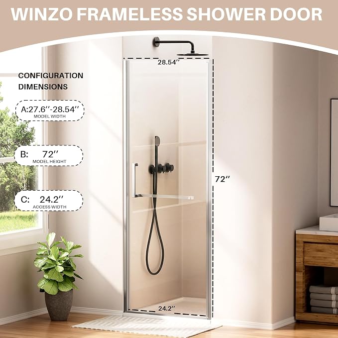 WinZo 27-28" W ×72" H Frameless Pivot Shower Door, Pivot Swing Shower Glass - Image 6