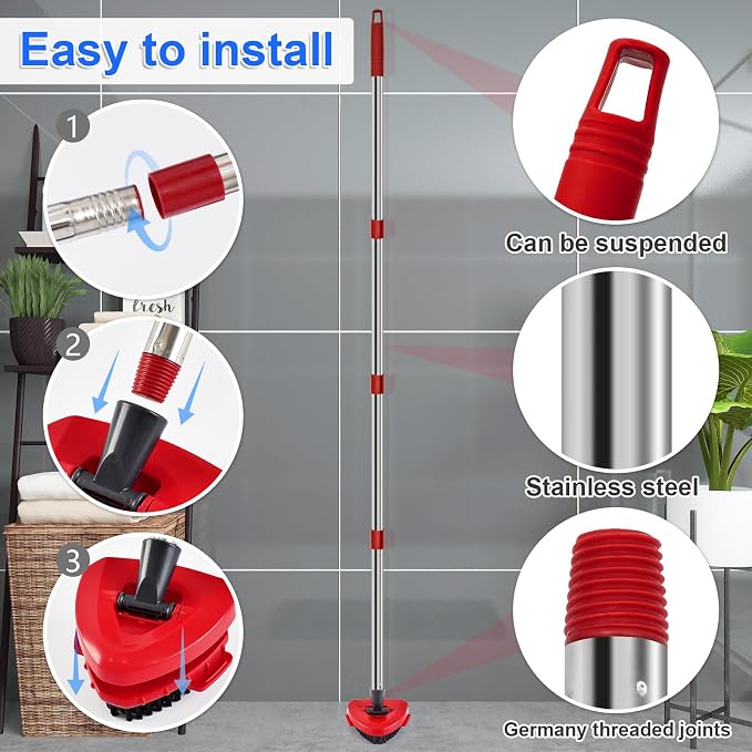4-Section Stainless Steel Spin Mop Handles, Mop Base & Upgrade Scrub Brush Combo - Image 5