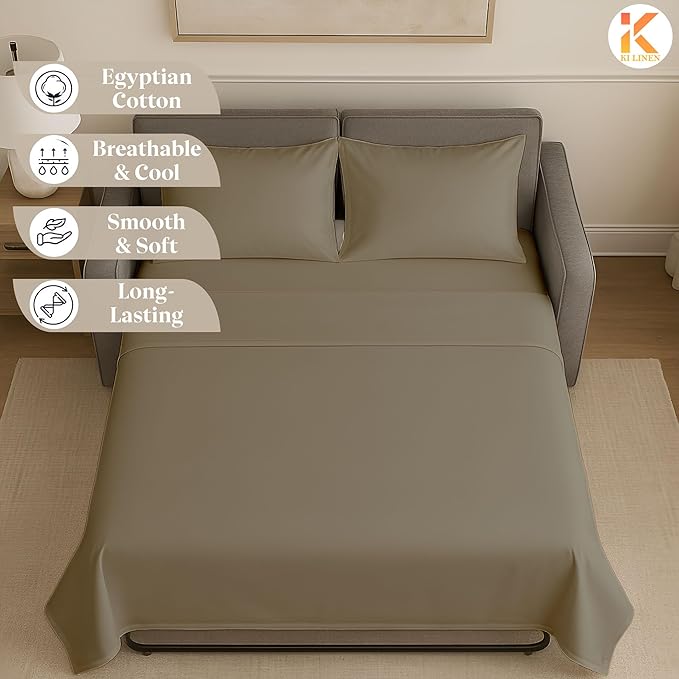 Sleeper Sofa Bed Sheet Set - Full Size 4 PC's Sheet Set Sofa Bed Sheets - 100% Cotton 400 Thread Count Sofa Sheets - Sleeper Sofa Sheets - Fits Mattresses Up to 6" Drop - Taupe