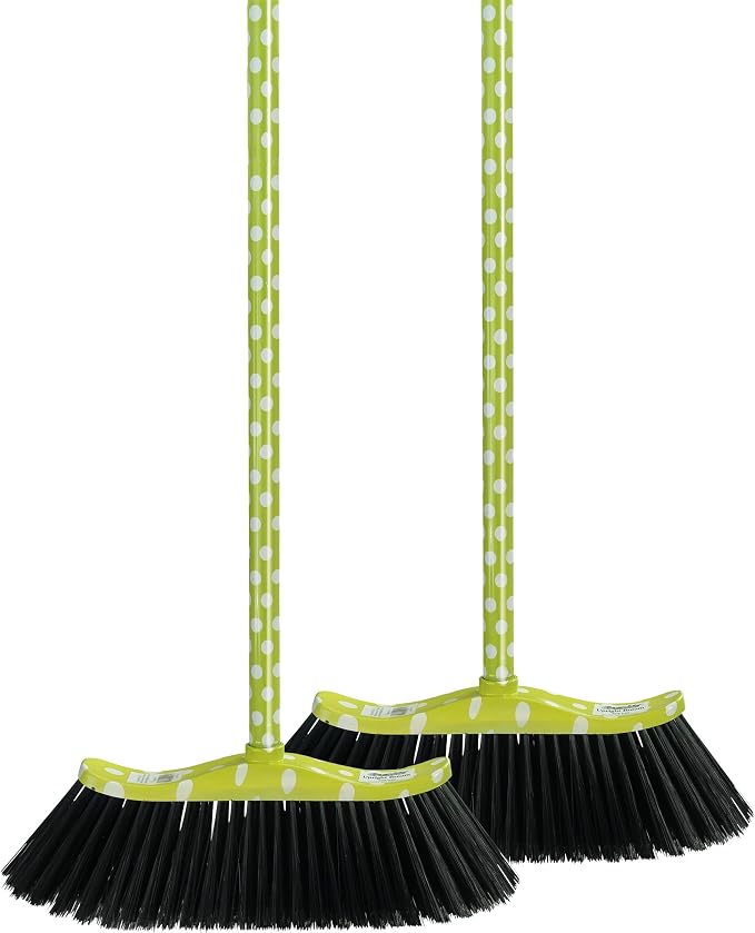 Superio Polka Dot Printed Broom, Premium Black Plastic Bristles, Heavy-Duty by Superio