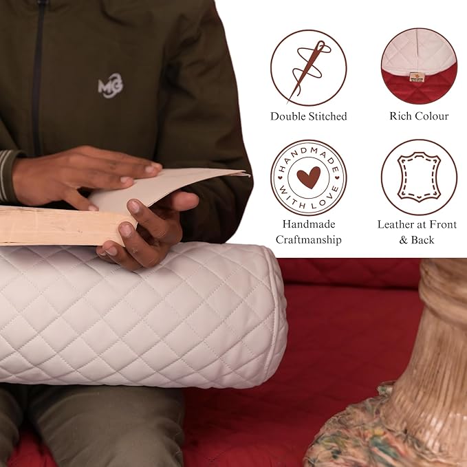 Neck Roll Pillow Cushion Cover, 24x6 Inch Full Moon Round Bolster Pillow Case, Cylinder Soft Lambskin Leather Pillowcase for Head, Spine & Neck Support During Sleep - Quilted White Pack of 2