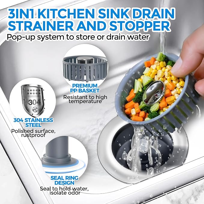 zaa 2 Pack Sink Drain Strainer, Sink Stopper, 3 in 1 Stainless Steel Kitchen - Image 2