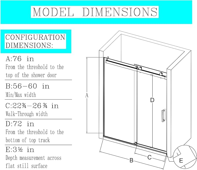 56-60" W x 76" H Frameless Single Sliding Glass Shower Doors Soft-Close - Image 7