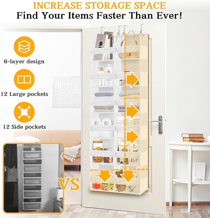 Over The Door Organizer 6 Tiers, Extra Large Behind Door Storage of 12 - Image 3