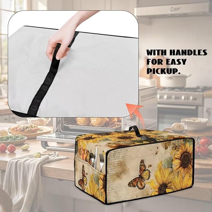 Microwave Oven Dust Cover Dust-Proof Sturdy Microwave Oven Cloth Cover Waterproof Kitchen Appliance Protector Suitable for Most Microwave Ovens, Vintage Sunflower Butterfly Letter Print, L