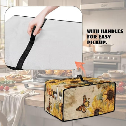 Microwave Oven Dust Cover Dust-Proof Sturdy Microwave Oven Cloth Cover Waterproof Kitchen Appliance Protector Suitable for Most Microwave Ovens, Vintage Sunflower Butterfly Letter Print, L