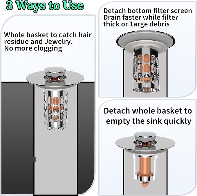 Bathroom Sink Stopper Drain Hair Catcher, 3 in 1 Bathroom Sink Drain Strainer - Image 3