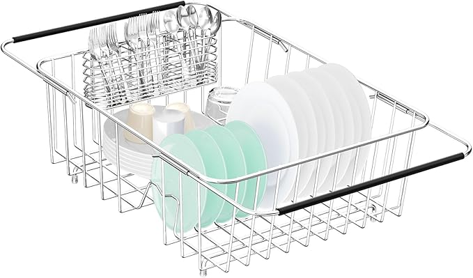 Large Dish Drainer Rack in Sink Adjustable, Expandable 304 Stainless Steel by Fanbsy