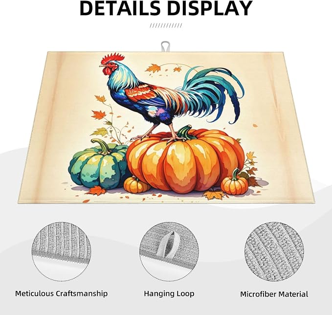 Rooster Pumpkin Dish Drying Mat Highly Absorbent Double-Sided Microfiber - Image 5