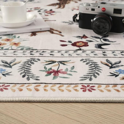 Rugcomf Area Rug 4x6 Rug Washable Boho Rugs Non Slip Low Pile Floral Animal Small Carpet for Bedroom, Bedside, Kids Room, Office, Dining Room (Beige)