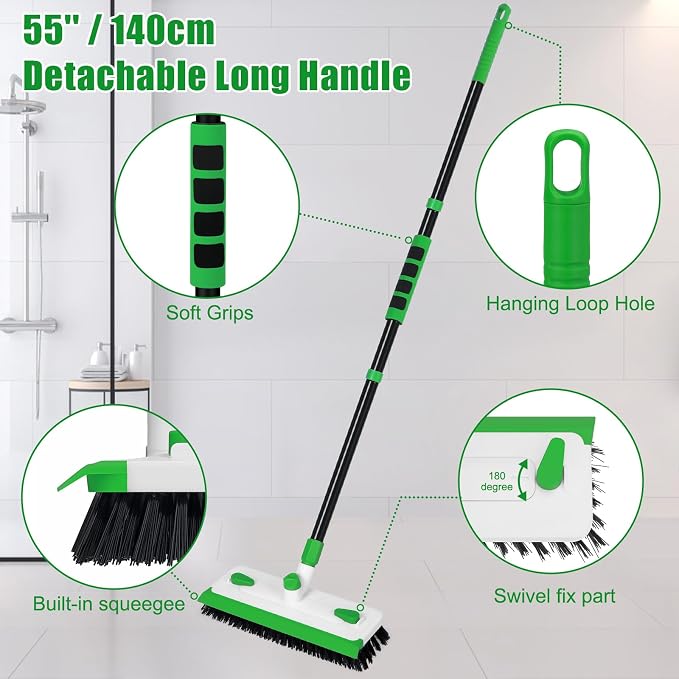 Floor Scrub Brush with Long Handle, 3-in-1 Scrape Scrubber Brush with Squeegee - Image 2