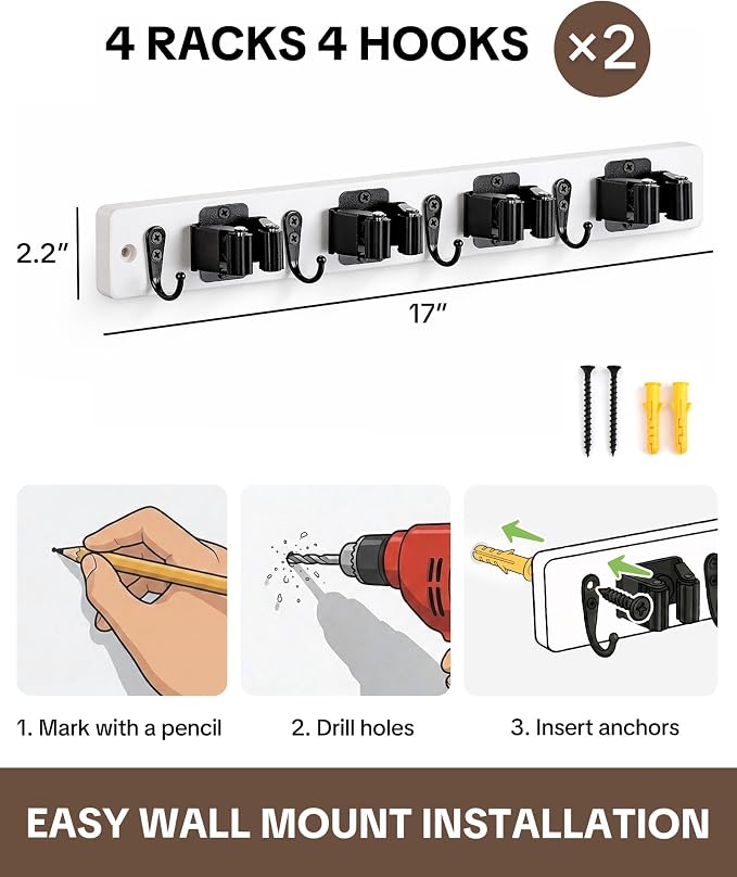 Lorbro 2 Pack Broom Holder Wall Mount, Wooden Broom and Mop Organizer Wall - Image 3