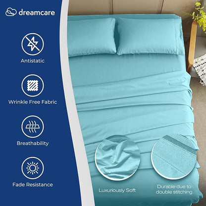 DREAMCARE Full Size Sheets Set - 4 Pcs Cooling Bed Sheets with Up to 15" Deep Pockets - Soft, Long-Lasting 100% Brushed Polyester with Side Pocket (Spa Blue)