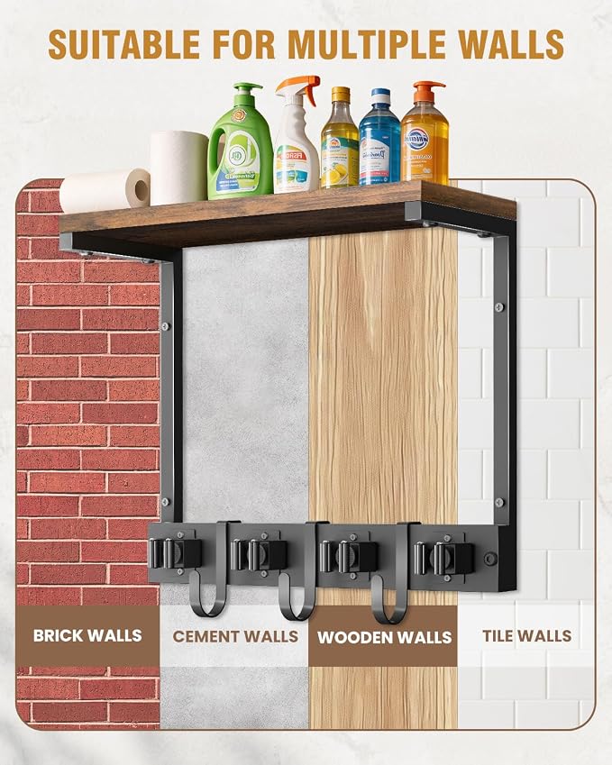 Broom Holder Wall Mount with Top Wooden Shelf, Heavy Duty Metal Cleaning - Image 7