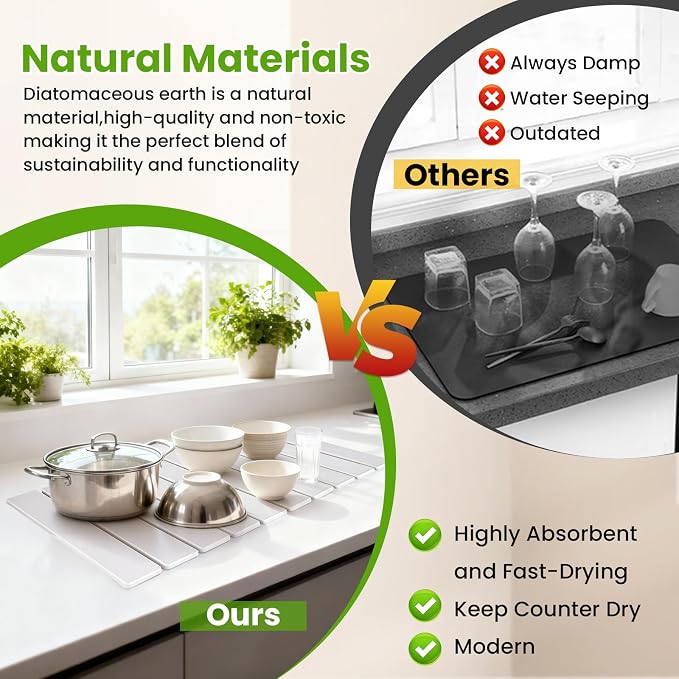Stone Dish Drying Mat for Kitchen Counter, Super Absorbent Diatomaceous Earth - Image 5
