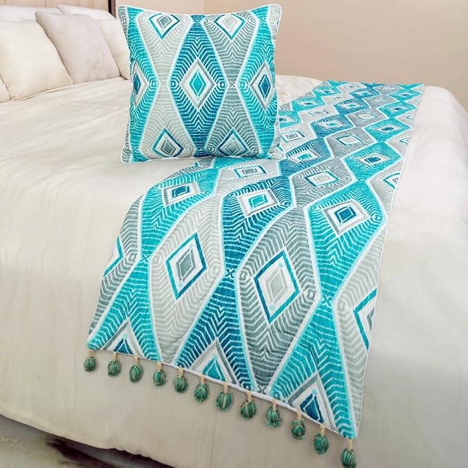 The HomeCentric King/Queen/Twin Blue, Ivory & Grey Decorative Full 68"x18" Bed Runner with 2 Pillow Cover, Quilted & Printed Bed Scarf on Cotton Fabric - Tallulah