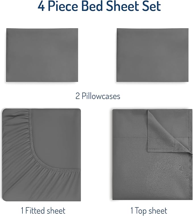 Degrees of Comfort King Sheet Set for Air Mattress – Extra Deep Pocket Fitted Sheet up to 22”, 4-Piece Bedding Sets with Dual Side Storage Pockets, Soft Breathable, Wrinkle-Resistant, Grey