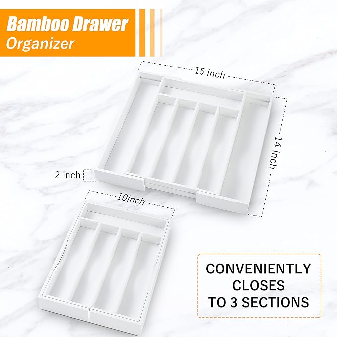 Bellsal White Silverware Organizer Kitchen Drawer Organizer Expandable Bamboo - Image 3